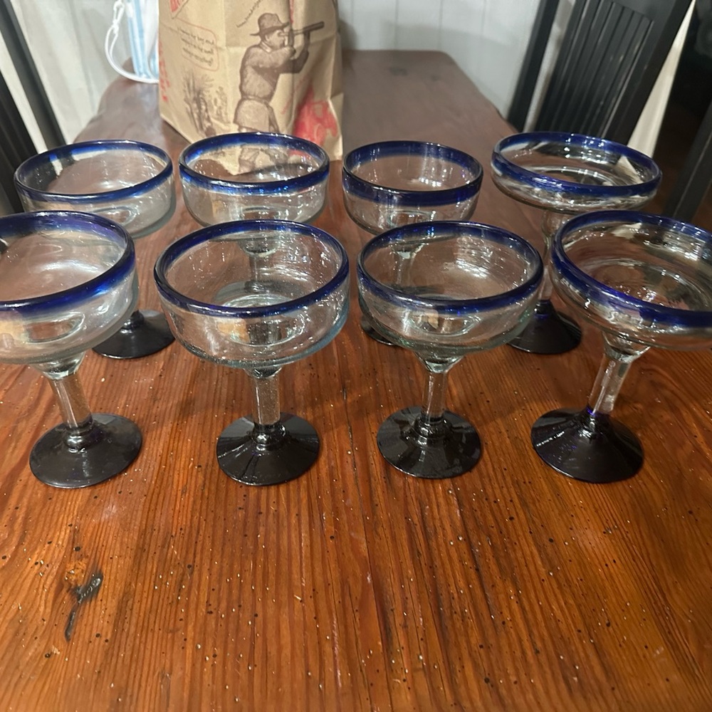 Blue Rimmed Glass Goblets - Picture 3 of 5